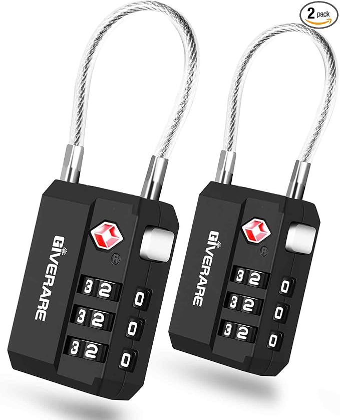 2 Pack TSA Approved Travel Luggage Locks, Cable Combination Lock 3-Digit, Keyless Suitcase Padlocks, Weatherproof Padlock for Locker, Golf Bag, Gun Case, Backpack, Anti Theft, Easy Read Dials-Black