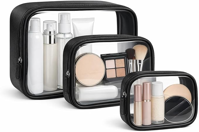 Clear TSA Approved Toiletry Bag - 3-Pack (Large, Small & Mini) Clear Makeup Cosmetic Bag with Zipper, Quart Size Travel Essential Organizer for Women, Car Bag Organizer & Car Organization Essentials