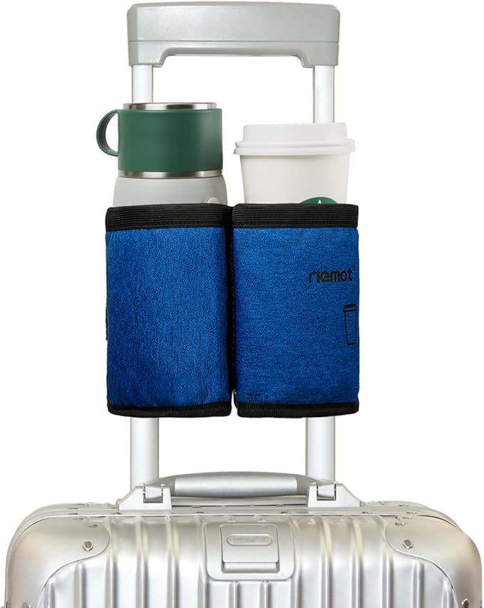 riemot Luggage Travel Cup Holder Free Hand Drink Carrier - Hold Two Coffee Mugs - Fits Roll on Suitcase Handles - Gifts for Flight Attendants Travelers Accessories Navy