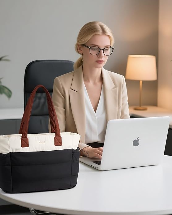 LOVEVOOK Tote Bag for Women with Giant Tumbler Holder Pocket, Puffer Work Travel Laptop Handbag with Zipper for Nurse Teacher