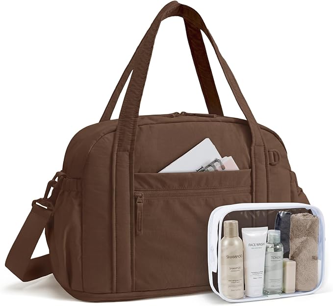 BAGSMART Expandable Personal Item Travel Bag, Lightweight Gym Bag for Women, 24L Weekender Travel Duffle with Toiletry Bag, Carry on Overnight Duffel, Chocolate