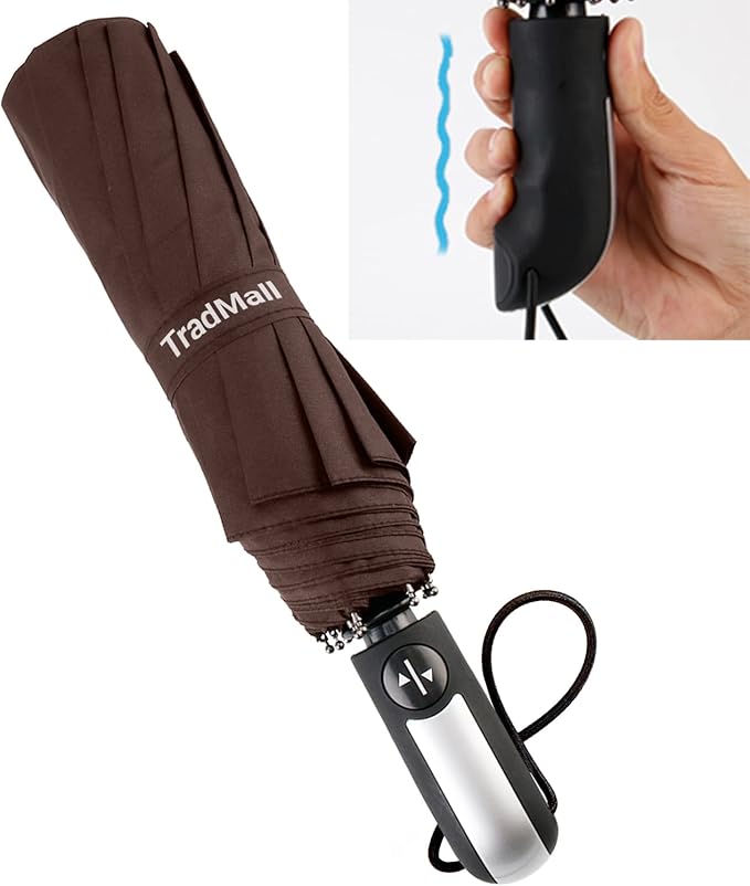 TradMall Travel Umbrella Windproof with 46 Inches Large Canopy 10 Reinforced Fiberglass Ribs Ergonomic Handle Auto Open & Close, Brown