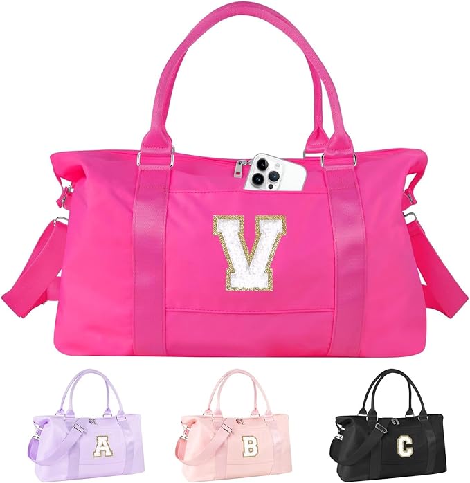 Dance Gym Duffel Bag for Teen Girls, Personalized Initial Travel Weekender Bag,Cute Overnight Carry On Duffle for Women,Sports Travel Cheer Bag,Monogram Christmas Gifts for Tween Preppy(rosered-V)