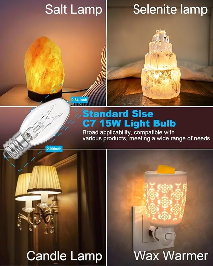 Salt Lamp Bulbs - 15 Watt Light Bulbs for Scentsy Wax Warmer - C7 Replacement Bulbs for Plug in Wax Diffuser- Warmwhite - Dimmable,15 Packs