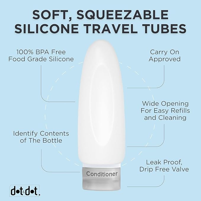 Dot&Dot Leak Proof Travel Bottles - TSA Approved 3oz 15 pc Silicone Toiletries Travel Shampoo & Conditioner Containers with Labels