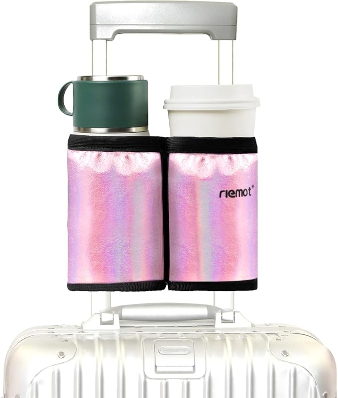 riemot Luggage Travel Cup Holder Free Hand Drink Carrier - Hold Two Coffee Mugs - Fits Roll on Suitcase Handles - Gifts for Flight Attendants Travelers Accessories Glitter Pink