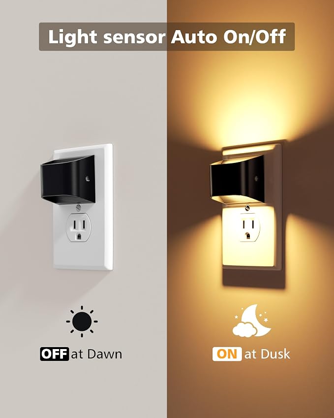 VOLISUN Night Lights Plug into Wall, 4 Pack Up and Down LED Night Light with Dusk to Dawn Light Sensor, 3000K Warm White Nightlight for Hallway, Bedroom, Bathroom, Kitchen Black