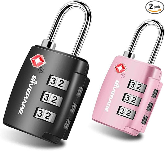 2 Pack TSA Approved Travel Luggage Locks, Combination Lock Alloy Body, Keyless 3-Digit Padlocks, Travel Sentry Accepted Compatible Padlock for Gym Locker, Golf Bag Case, Backpack, Black-by GIVERARE