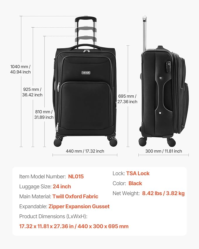 VEVOR Softside Expandable Luggage with Spinner Wheels, 24-Inch Softside Checked Medium Luggage, Lightweight Checked Suitcase with Expandable Zippered Pocket and TSA Lock, Black
