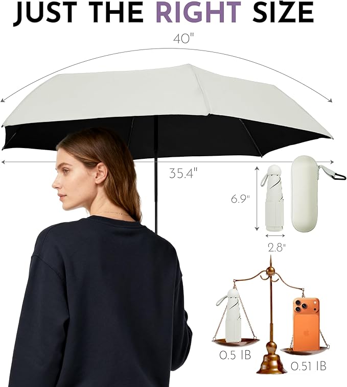 Travel Mini Umbrella Compact Small & Lightweight, UV Rain Protection, Pocket-Sized Folding Umbrellas with Quickdraw & Case for Men Women & Kids Backpack