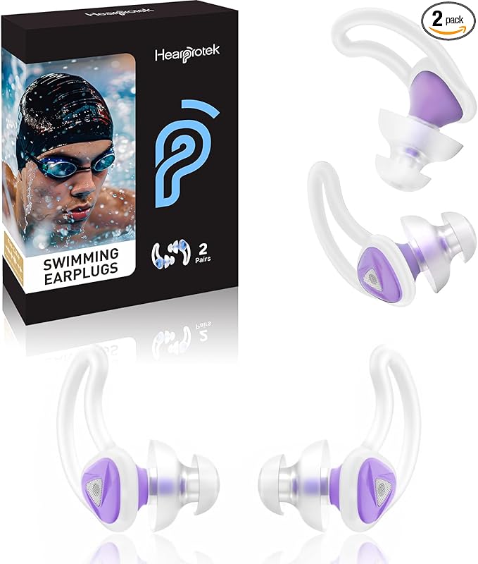 Ear Plugs for Swimming–2 Pairs Soft Silicone Reusable Waterproof Earplugs for Adults & Men Women, Custom Fit for Swimmers Ear, Pool, Beach, Snorkeling, Surfing, Kickboard Training(Purple)