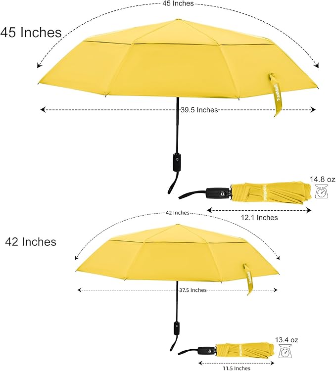TradMall Travel Umbrella, 42/45 Inches Double Vented Canopy Windproof Automatic Strong Compact Folding Umbrellas for Rain Women and Men