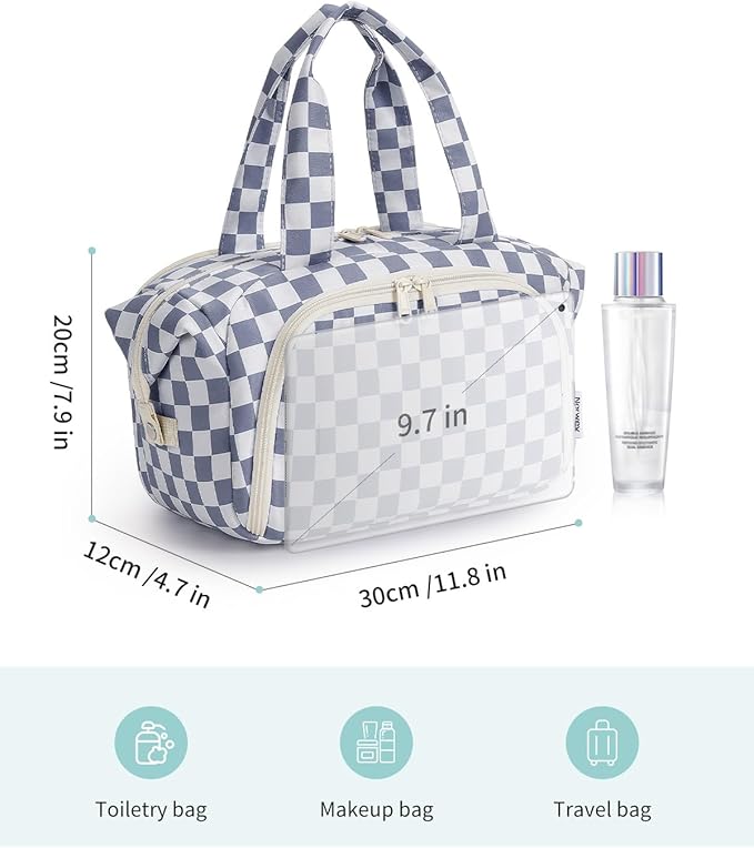 Narwey Travel Toiletry Bag for Women Checkered Large Capacity Makeup Bag Wide Open Cosmetic Make Up Organizer with Wet Pocket for Towel Travel Bag for Toiletries Essentials (Greyish Blue Checkerboard)