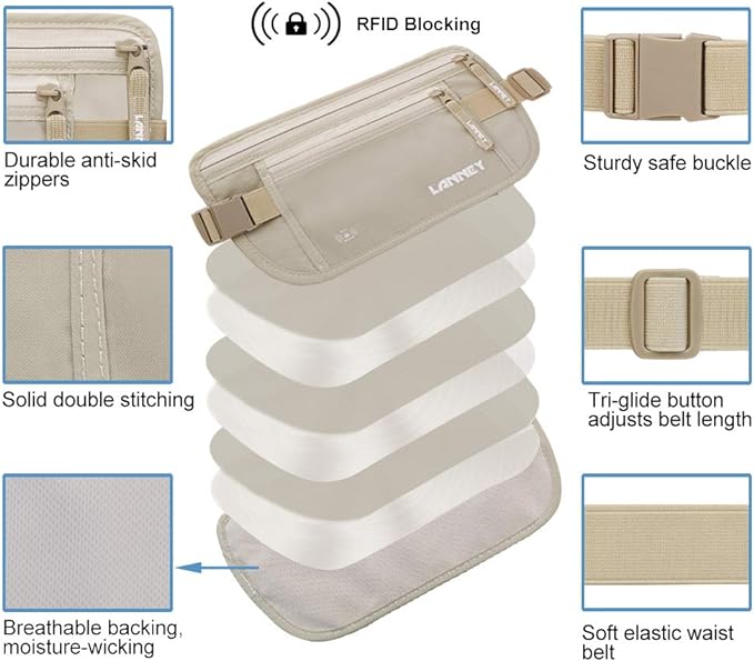 Travel Money Belt Hidden Waist Stash Wallet RFID Blocking Anti-Theft Passport Holder for Men Women, Cream