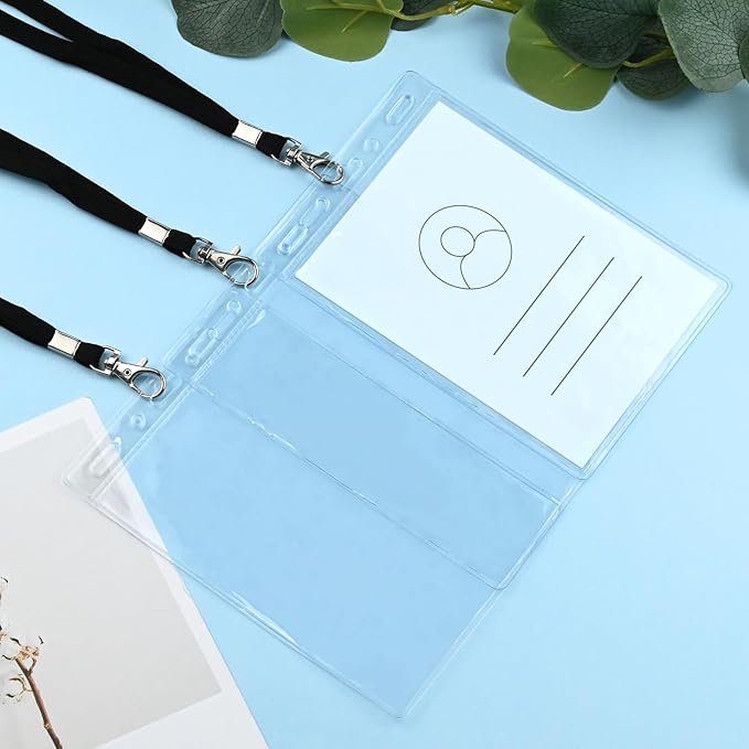 3 Pack Clear Plastic Passport Badge Holders with Lanyard, 4x6 Inch Vertical No Zipper ID Card Holder with Black Lanyard Extra Large ID Badge Holder for Passport