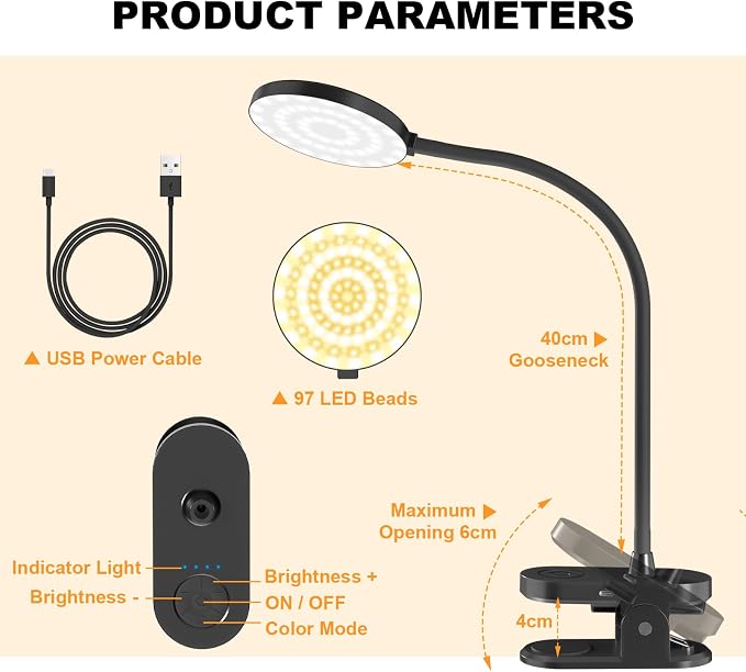 Rechargeable Clip on Light for Bed, 97 LED Cordless Reading Lamp with 3 Color Modes & 10 Brightness Levels, Portable and Flexible Book Light Clamp on Office Desk Bunk Bed Dorm Headboard (Black/4.7'')