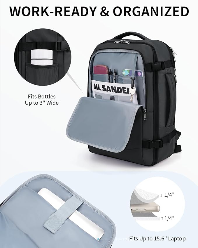 ECOHUB Carry On Travel Backpack, Expandable Airlines Personal Item Bag 18x14x8, Water Resistant 17 inch Laptop Backpack Flight Approved, 12 Pockets 30L Work Backpacks with Wet Pocket Cable Slot, Grey