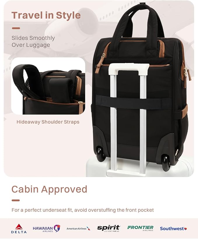 Rolling Puffer Backpack for Women, Travel Backpack with Wheels, 16 Inch Wheeled Laptop Backpck, Dual-Opening Design Overnight College Underseat Carry on Luggage, Roller Business Work Bag, Black Brown