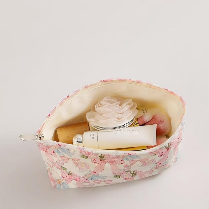 HAPPYHEIDI Makeup Bag Set 2, Cute Cosmetic Pouch, Pink Floral Bow Pattern, Cotton, Lightweight, 2 Count, Zipper Closure