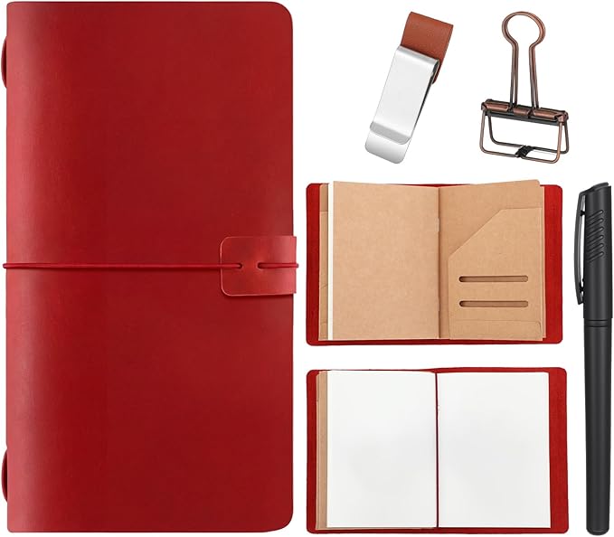 Thenshop Travelers Refillable Leather Journal Notebook Travel Diary Handmade Passport Travelers Journal for Men and Women with 3 Notebook Inserts, Pen Holder, Binder Clip(Wine Red,Stand Size)