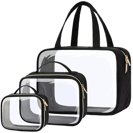 PACKISM Clear Makeup Bag Combo Pack, 1 TSA Approved Medium & Large/XL for Checked Luggage, Clear Toiletry Bag with Handle, Water-resistant Travel Essentials Organizer, Black
