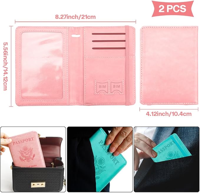Passport Holder for Travel, 2 Pack Passport Cover, Waterproof Passport Wallet Leather Passport Holder Pen Holder Passport Holders for Women Men Family Travel Must Haves Essentials, Pink+Turquoise