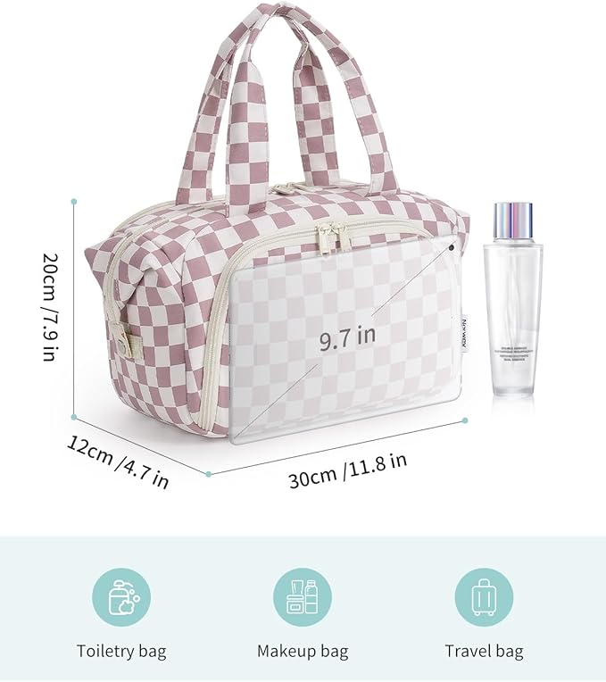 Narwey Travel Toiletry Bag for Women, Large Makeup Bag, Wide Open Cosmetic Make Up Organizer with Handle, Wet Pocket for Towel, Travel Bag for Toiletries, Brushes, Essentials (Dusty Pink Checker)