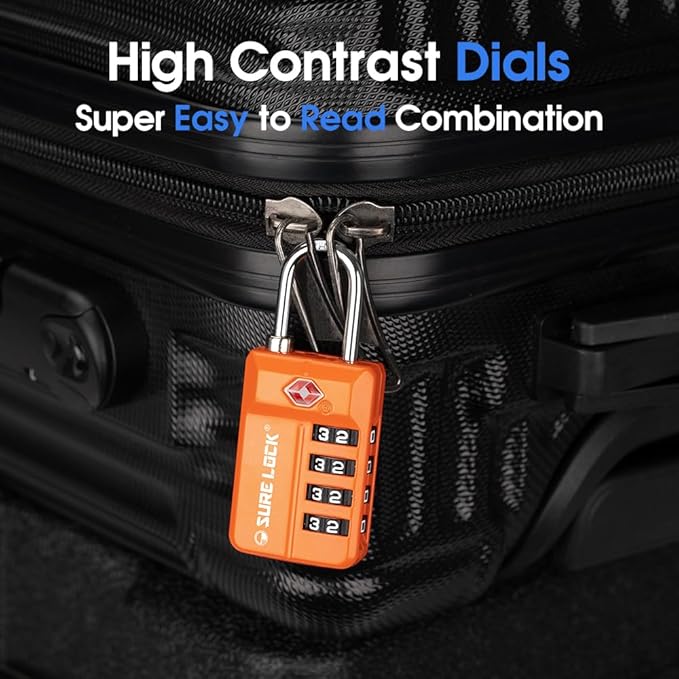 TSA Approved Travel Luggage Locks, Open Alert Combination Lock for School Office & Gym Locker,Toolbox, Pelican Case,Easy Read Dials- 1, 2 & 4 Pack (1, Orange 2PACK)