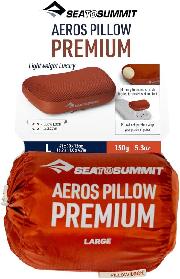 Sea to Summit Aeros Premium Inflatable Travel Pillow, Large, Picante