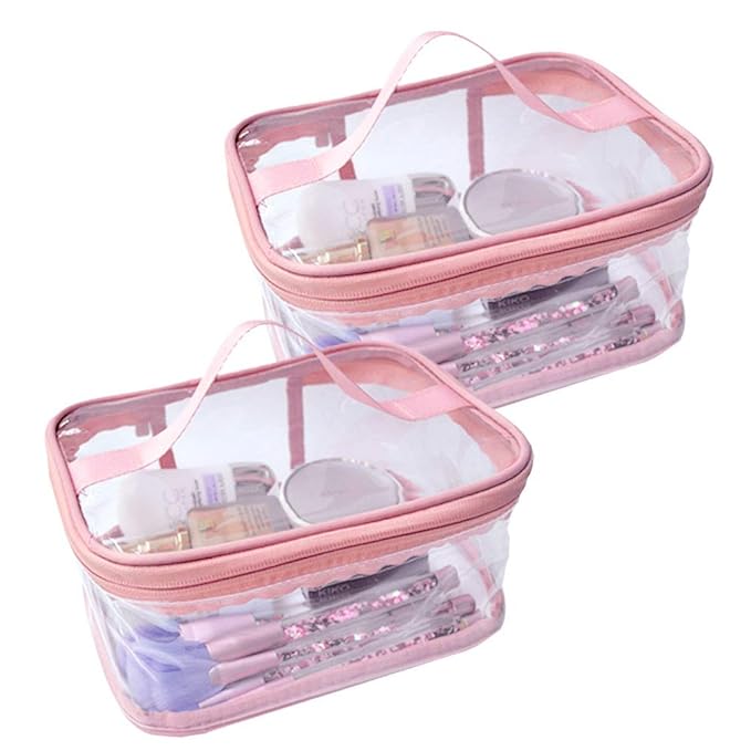 2-Pack Toiletry Bag Makeup Cosmetic Clear Bag Portable Waterproof Transparent Travel Large Storage Pink