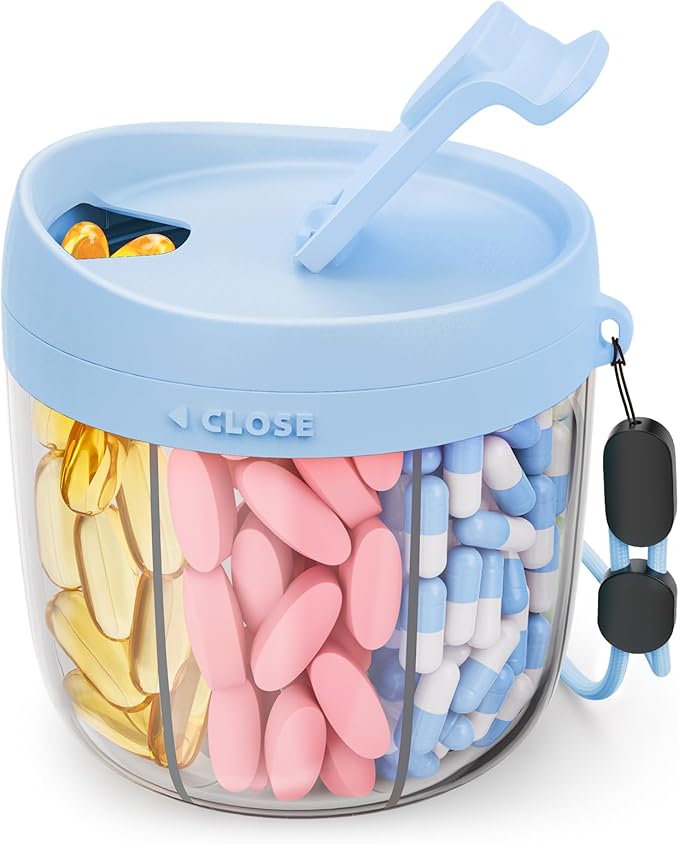 Cute Pill Dispenser with 7 Large Compartments, Portable Pill Bottle Organizer with Wide Opening for Easy Use, Anti-Mix Pill Organizer for Travel, BPA-Free Pill Container, Blue