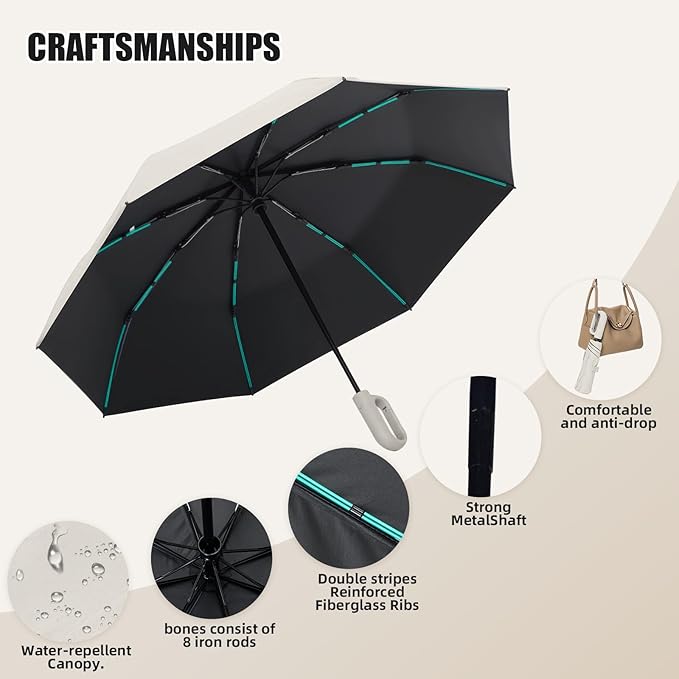 Compact Automatic Folding Travel Umbrella-Windproof Rainproof, PF50+ Sun Protection for Hiking,Outdoor,Chool,Golf Course & Daily Use,Sturdy Multi-Ribbed Frame