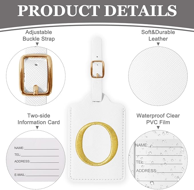 Personalized Initial Luggage Tags for Suitcases,Leather Letter Cute Luggage Tags with Privacy Name Card,Embroidered Monogrammed Travel Bag Backpack Tag Gifts for Women Kids Girls Teens(White-O)