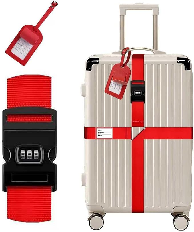 Luggage Straps for Suitcases,Travel Luggage Straps with Lock and Luggage Tags,Suitcase Strap,Adjustable Bright-Colored Travel Belt for Travel Suitcase Bag Closure Accessories.(Red)