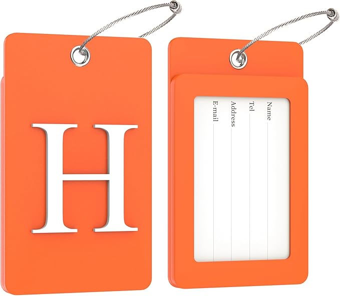 Gostwo 2 Pack Luggage Tags for Suitcases, 26 Initial Letter Travel Luggage Baggage Identification Labels ID Tag Fully Bendable Tags with Stainless Steel Loop (Orange) (Letter H)