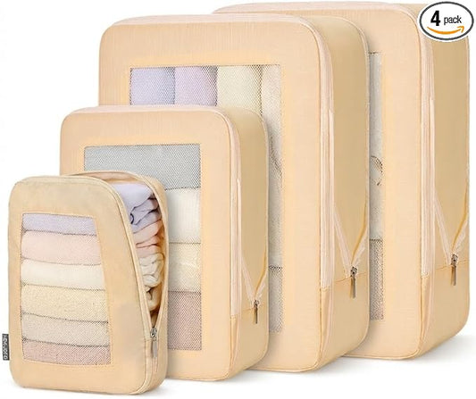 Small Compression Packing Cubes 4-Piece Set - Space Saving Travel Organizer Bags for Carry-On Luggage, Compressible Mesh Packing Cubes for Travel Women Ultralight
