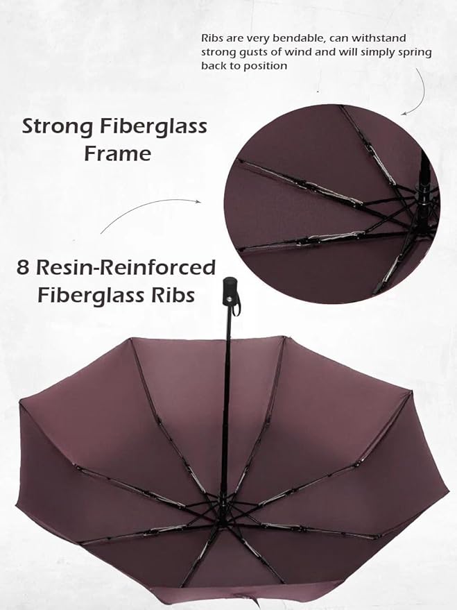 Windproof Travel Umbrella - Compact, Light, Full Automatic Open/Close - Folding Backpack Umbrella for Rain & Sun UV Preotection For Men & Women, Unbreakable 8 Fiberglass Ribs UK Design