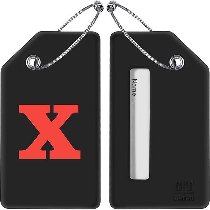 Gostwo 8 Pack Luggage Tags for Suitcases, 26 Initial Letter Travel Luggage Baggage Identification Labels ID Tags Fully Bendable Tags with Stainless Steel Loop (Letter X, Black)