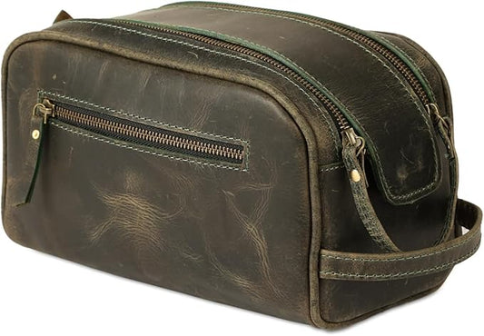 KomalC Leather Toiletry Bag for Men & Women – Handcrafted Travel Grooming Kit with Water-Resistant Lining and Secure Zipper Closure