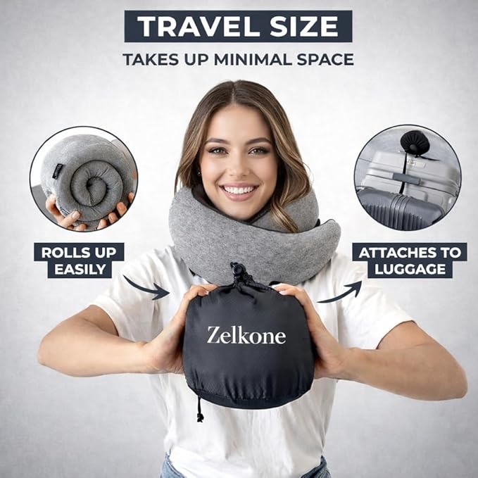 Travel Neck Pillow Memory Foam – Best Airplane Neck Pillow for Long Flights, Soft Ergonomic Neck Support, Compact Travel Pillow for Plane & Car, Airplane Travel Essentials