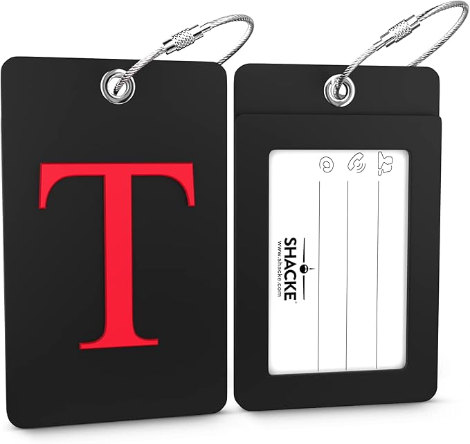 Shacke Luggage Tag Initial - Fully Bendable Tag w/Stainless Steel Loop - Black (Letter T)