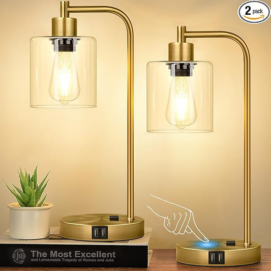 Nintiue Industrial Touch Table Lamps Set of 2-2 USB Ports & AC Outlet Nightstand Lamps, 3-Way Dimmable Bedside Desk Lamp for Living Room Bedroom, Glass Shade & 2 LED Bulbs Included - Brass