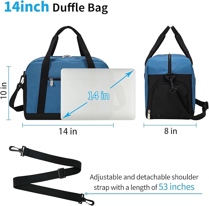 Small Gym Bag 14 inch lightweight Carry On Mini Duffel Bag with Shoe Compartment for Travel Sport - Blue