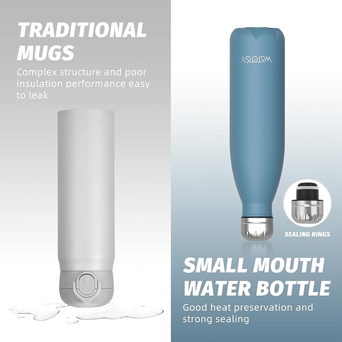 WATERSY Stainless Steel water bottles,17oz/500ml Insulated Water Bottles,Smog Blue metal water bottle Keeps Drink Cold and Hot,BPA Free kids water bottles for School,Gym,Travel,Sports