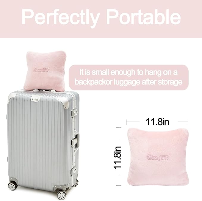 Travel Blanket Pillow, Premium 2 in 1 Flannel Airplane Blanket Compact for Travel,Office, Home,Travel Essentials Accessories for Plane and Car,Compact Office Blanket (Pink)