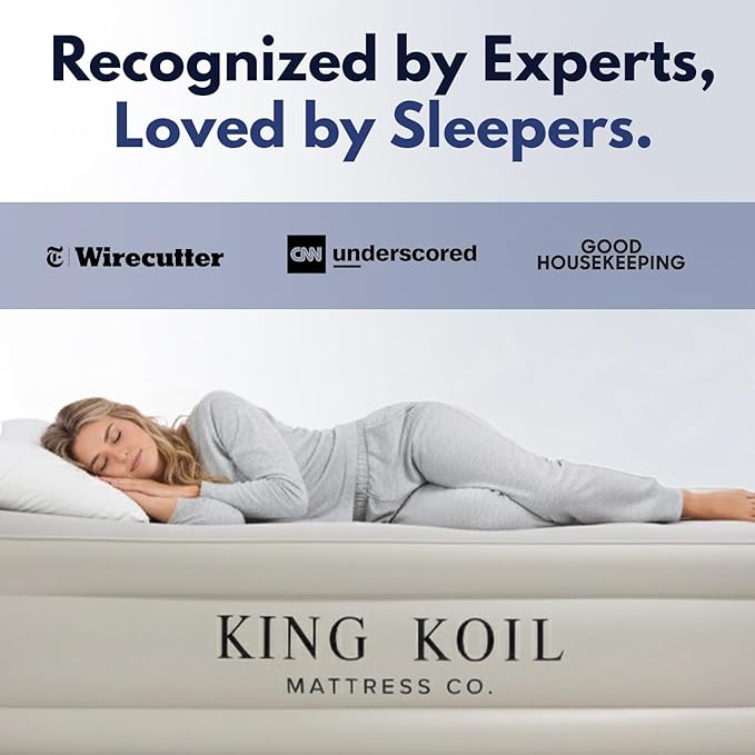 King Koil Luxury Air Mattress Full Size Beige with Built-in Pump for Home, Camping & Guests-Inflatable Airbed Luxury Double High Adjustable Blow Up Mattress, Durable - Portable and Waterproof