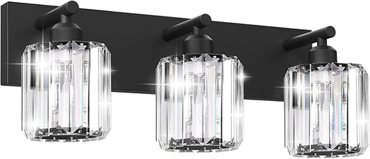 Black Crystal Bathroom Vanity Light, 3-Light Modern Bathroom Lighting Fixtures Over Mirror, Matte Black Wall Sconce Light Fixtures with Round Shade