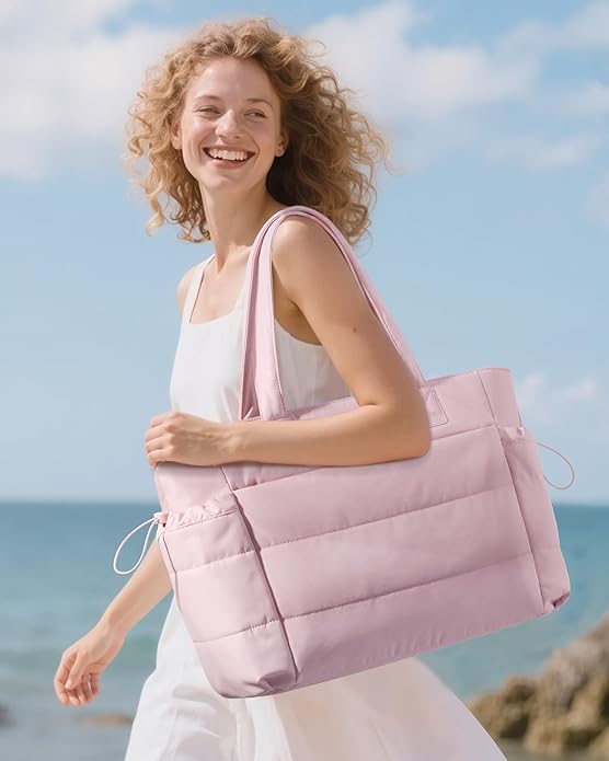 LOVEVOOK Tote Bag for Women with Giant Tumbler Holder Pocket, Puffer Work Travel Laptop Handbag with Zipper for Nurse Teacher