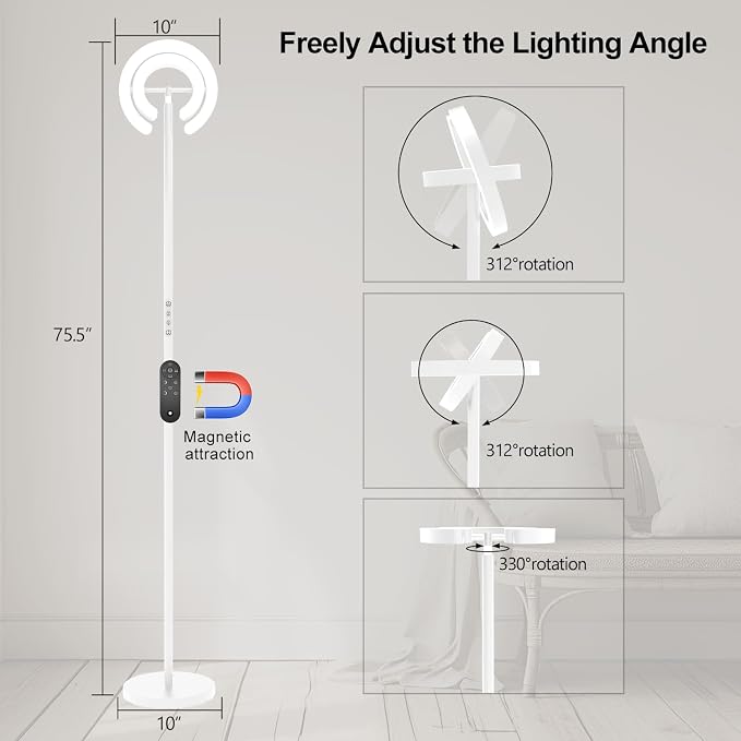 Torchiere Floor Lamp for Bedroom, 75.5 Inch Tall Corner Standing Lamp for Living Room with Rotatable Ring Lights, 36W Bright Dimmable LED Floor Light with Remote Control for Reading Office