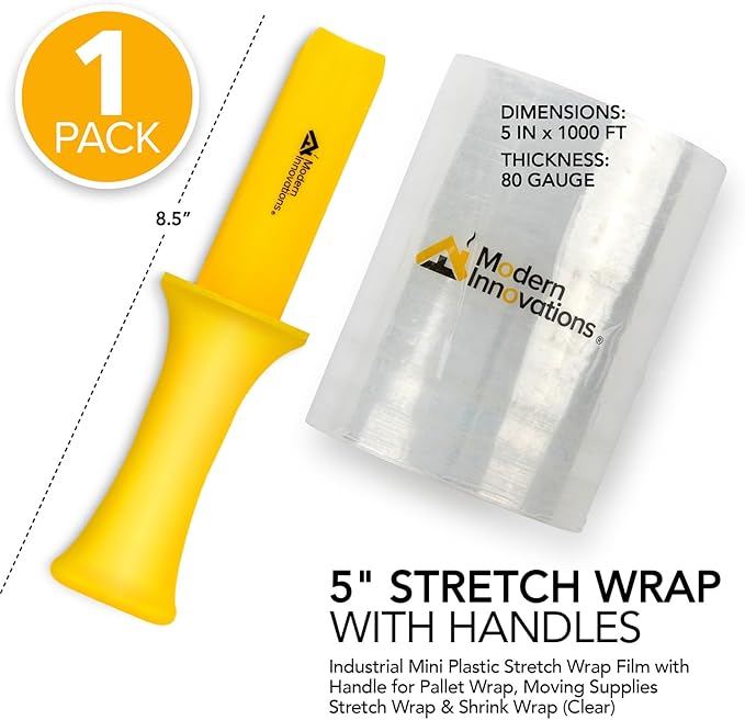 Mini Stretch Wrap 5 Inch Plastic Stretch Film for Pallet Wrap - Stretch Wrap for Moving Supplies - 5 Inch x 1000 Feet, 70 Gauge, 1 Pack with Handle